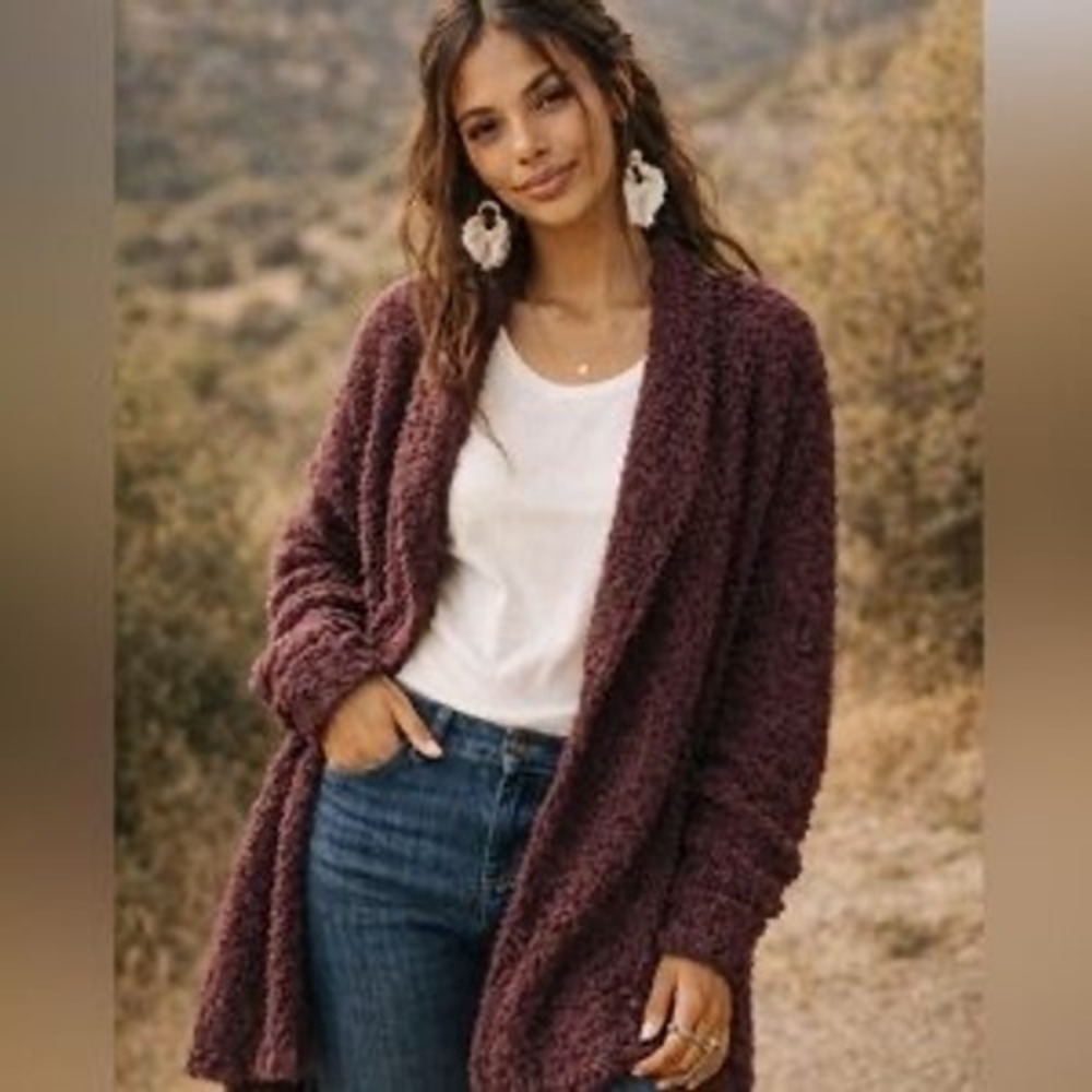 Free People Cozy Plush Open-Front Cardigan in Burgundy